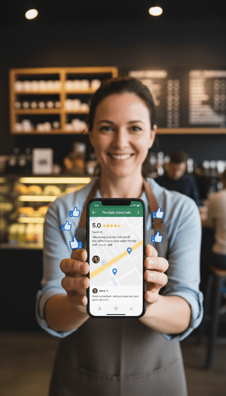 Business owner viewing optimized Google Maps profile on mobile phone