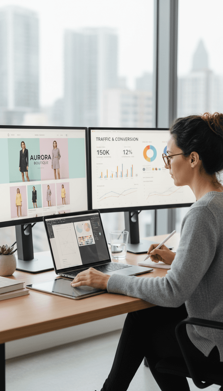 Web designer reviewing website performance analytics on laptop screen