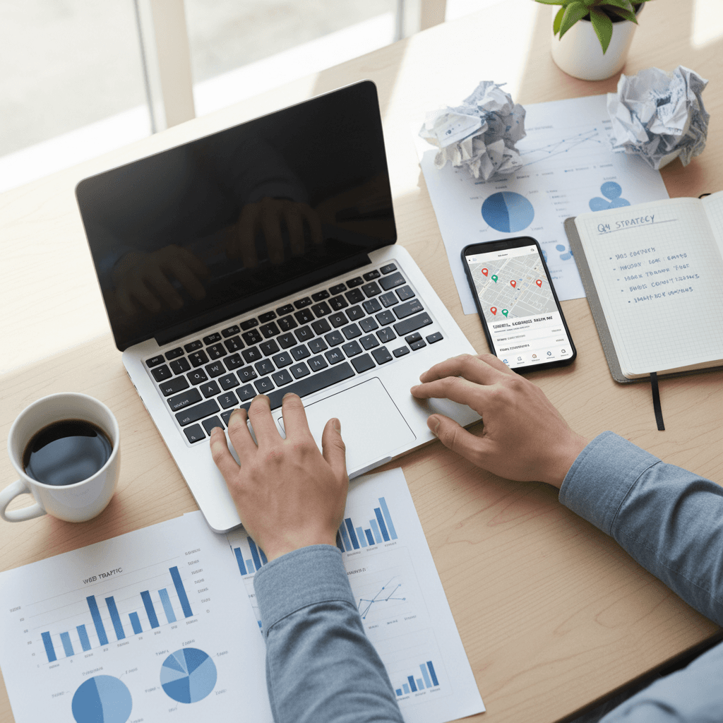 Google Maps business listing optimization displayed on laptop screen