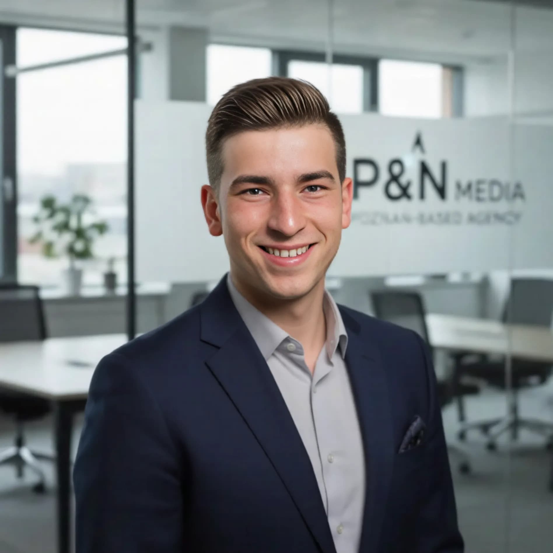 Smiling young professional in a navy blazer and grey shirt in a modern office environment.